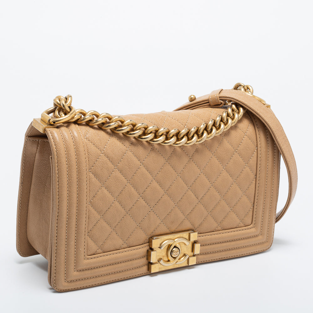 Chanel Beige Quilted Caviar Leather Medium Boy Flap Bag