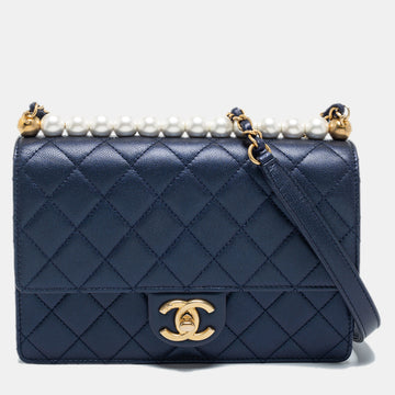 Chanel Metallic Navy Blue Quilted Leather Medium Chic Pearls Flap Bag