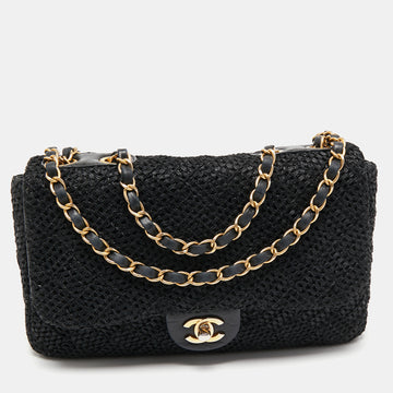 Chanel Black Woven Quilted Raffia and Leather Flap Shoulder Bag