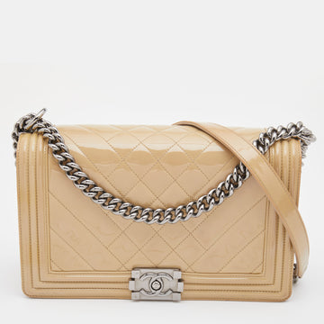 Chanel Beige Chevron Patent Leather New Medium Boy Flap Bag