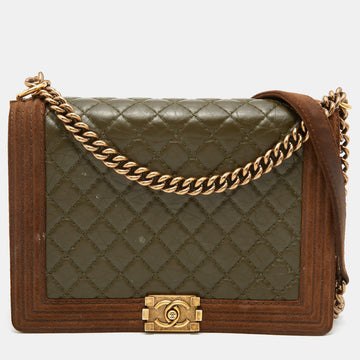 Chanel Brown/Olive Green Quilted Leather Paris-Edinburgh Large Boy Bag