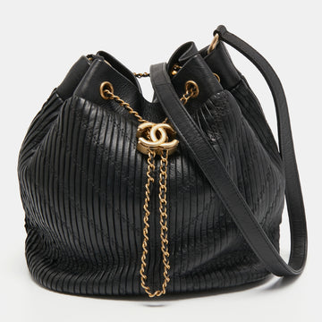 Chanel Black Leather Coco Pleats Drawstring Bag