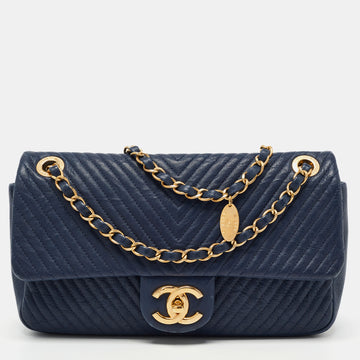 Chanel Navy Blue Chevron Leather Medallion Charm Flap Bag