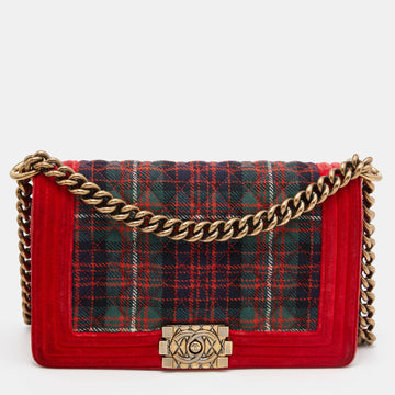 Chanel Red/Green Quilted Tartan and Velvet Medium Boy Flap Bag