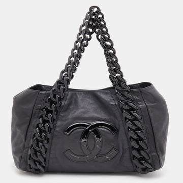 Chanel Black Leather Modern Chain Rhodoid East West Tote