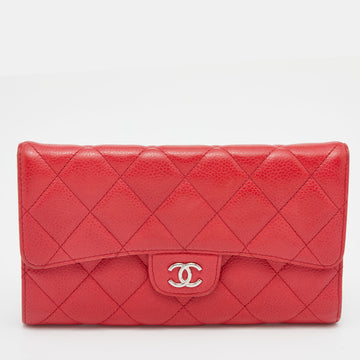 Chanel Red Quilted Caviar Leather Classic Flap Wallet