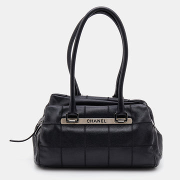 Chanel Black Caviar Leather Square Quilt LAX Bowler Bag