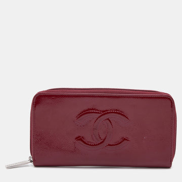 CHANEL Dark Red Patent Leather CC Timeless Zip Around Wallet