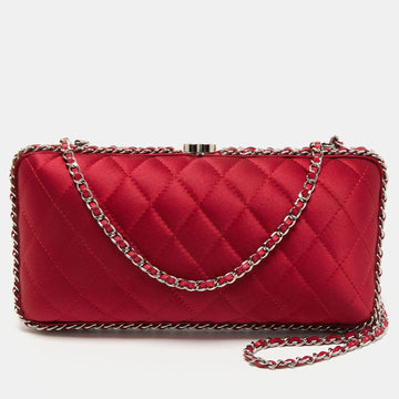 Chanel Maroon Quilted Satin Chain Around Clutch