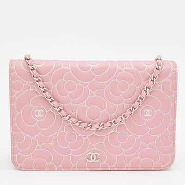 Chanel Pink Leather Embossed Camellia Wallet On Chain