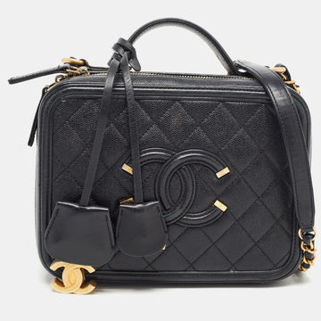 Chanel Black Quilted Caviar Leather Medium CC Filigree Vanity Case Bag