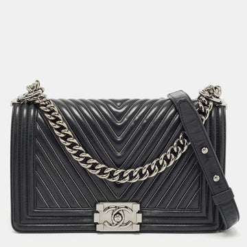 Chanel Black Beaded Chevron Leather Medium Boy Flap Bag