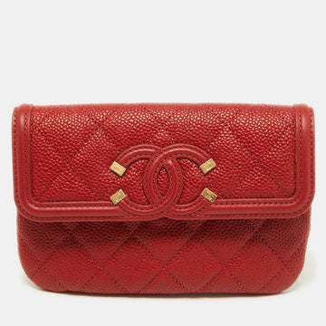 Chanel Red Quilted Caviar Leather Filigree Wallet