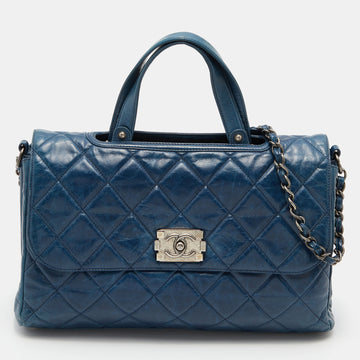 Chanel Blue Quilted Glazed Leather Large Convertible Boy Bag