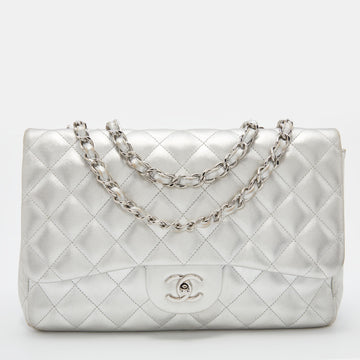 CHANEL Silver Quilted Leather Jumbo Classic Single Flap Bag
