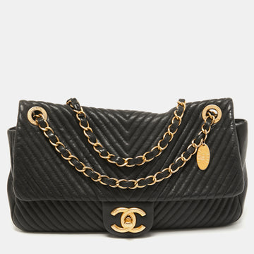 Chanel Black Chevron Leather Medallion Charm Flap Bag