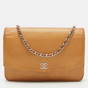 CHANEL Metallic Bronze Caviar Leather Sevruga Wallet on Chain