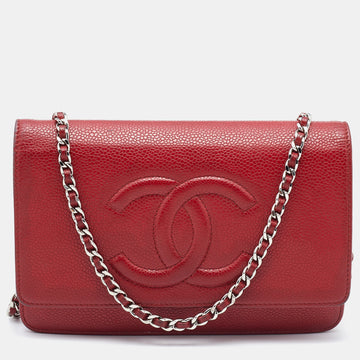 CHANEL Red Caviar Leather CC Timeless Wallet on Chain