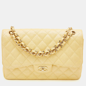 CHANEL Yellow Iridescent Quilted Caviar Leather Jumbo Classic Double Flap Bag