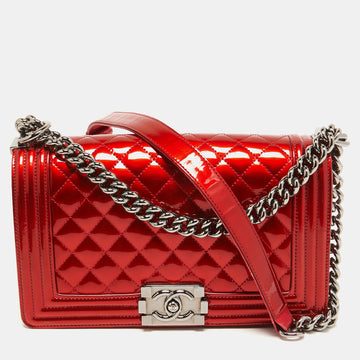 Chanel Red Quilted Patent Leather Medium Boy Bag