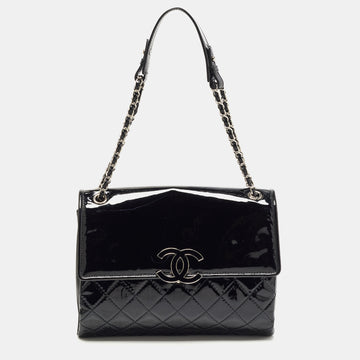 Chanel Black Quilted Patent Leather Double Compartment Flap Bag