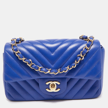 Chanel Blue Chevron Leather Mini Rectangle Classic Single Flap Bag