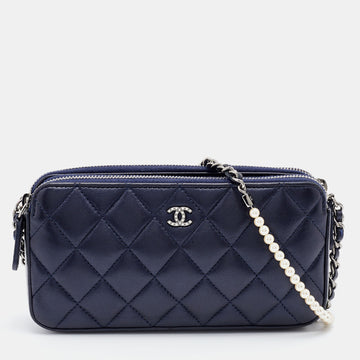 Chanel Blue Quilted Leather CC Double Zip Chain Clutch