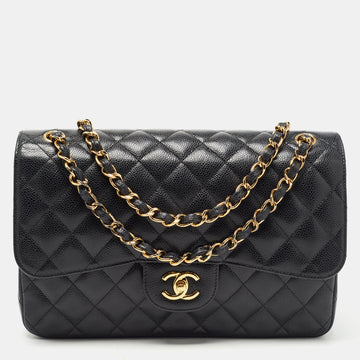 Chanel Black Quilted Caviar Leather Jumbo Classic Double Flap Bag