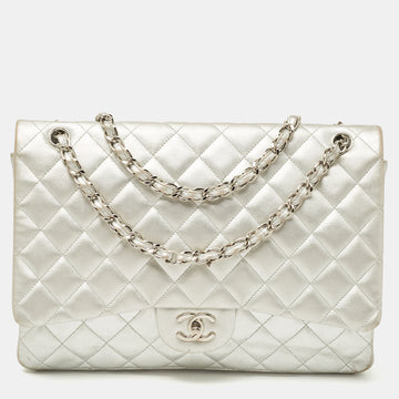 CHANEL Silver Quilted Leather Maxi Classic Single Flap Bag