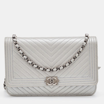 CHANEL Silver Chevron Caviar Leather Boy Classic Wallet on Chain