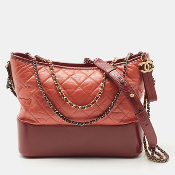 CHANEL Burgundy/Orange Quilted Aged Leather Medium Gabrielle Hobo