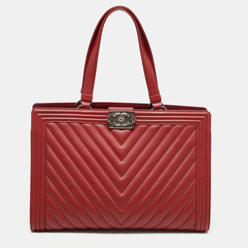 CHANEL Red Chevron Quilted Leather Large Boy Shopper Tote