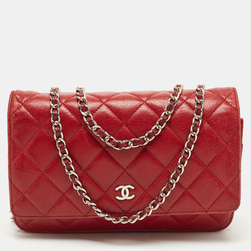 CHANEL Red Quilted Leather Classic Wallet on Chain