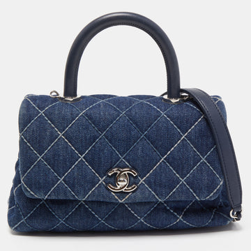 CHANEL Blue Quilted Denim and Leather Mini Coco Top Handle Bag