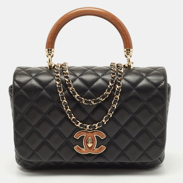 CHANEL Black Quilted Leather Knock On Wood Top Handle Bag