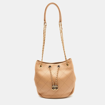 CHANEL Beige Quilted Leather Egyptian Amulet Drawstring Bucket Bag