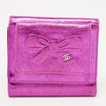 CHANEL Metallic Pink Leather Ribbon Embossed Trifold Wallet