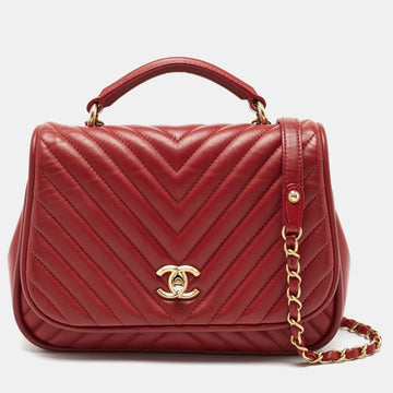 CHANEL Red Chevron Leather CC Flap Top Handle Bag