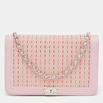 CHANEL Light Pink Leather Crystals Embellished Boy Wallet On Chain