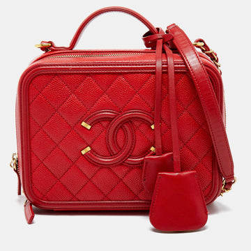 CHANEL Red Quilted Caviar Leather Medium CC Filigree Vanity Case Bag