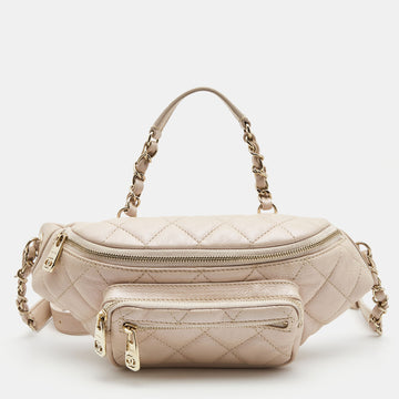 CHANEL Beige Quilted Shimmer Leather Fanny Pack Waistbelt Bag