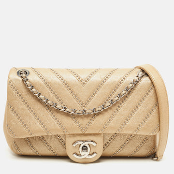 CHANEL Metallic Beige Studded Chevron Leather Stud Wars CC Flap Crossbody Bag