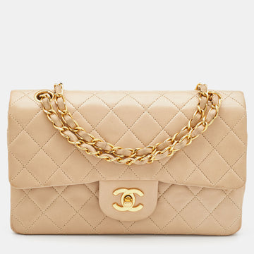 CHANEL Beige Quilted Leather Small Vintage Classic Double Flap Bag