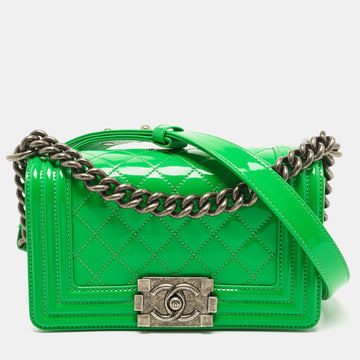 CHANEL Green Quilted Patent Leather Small Boy Bag