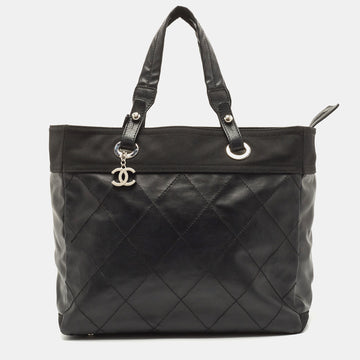 CHANEL Black Quilted Coated and Canvas Paris Biarritz Grand Shopper Tote