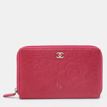 CHANEL Pink Leather CC Camellia Zip Around Wallet Organizer