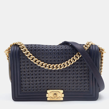 CHANEL Navy Blue/Gold Woven Leather New Medium Boy Bag