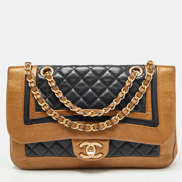 CHANEL Gold/Black Quilted Leather Flap Shoulder Bag