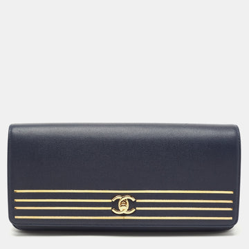 CHANEL Navy Blue Caviar Leather Captain Gold Clutch