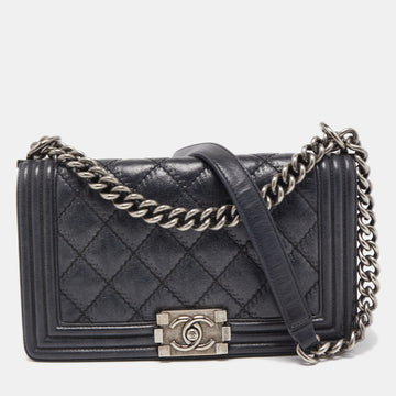 CHANEL Navy Blue Quilted Wild Stitched Leather Medium Boy Bag